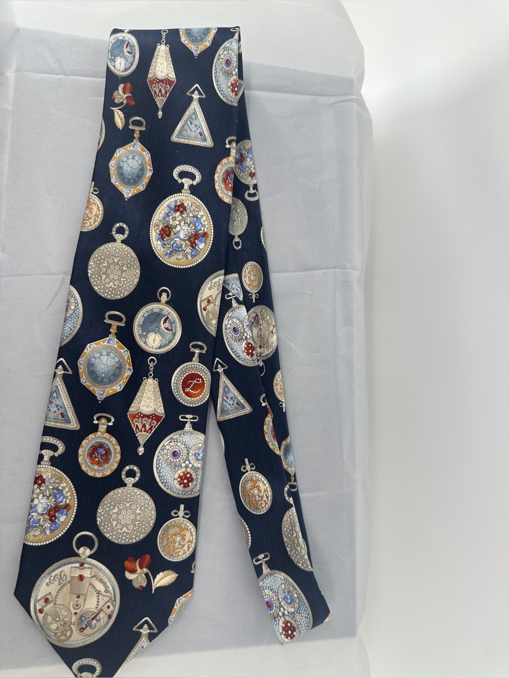 Leonard Paris navy pocket watch design silk tie